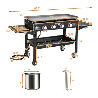 Portable Outdoor 60K BTU 4-Burner Propane Flat Top Gas Grill W/ Wheels (SAK66104)