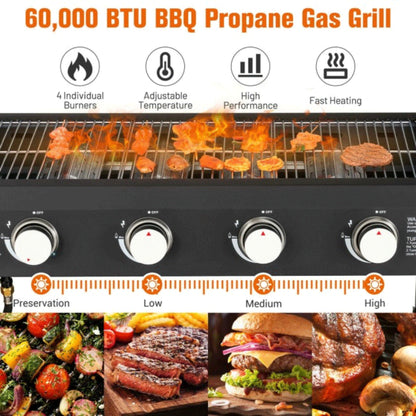 Portable Outdoor 60K BTU 4-Burner Propane Flat Top Gas Grill W/ Wheels (SAK66104)
