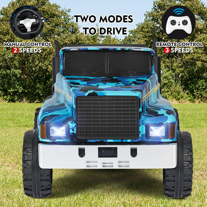 Powerful 24V 2-Seater Kids Ride On Dump Truck Tractor with Camo Design and 3 Speed Options, Includes Remote Control
