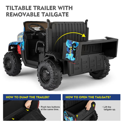 Powerful 24V 2-Seater Kids Ride On Dump Truck Tractor with Camo Design and 3 Speed Options, Includes Remote Control