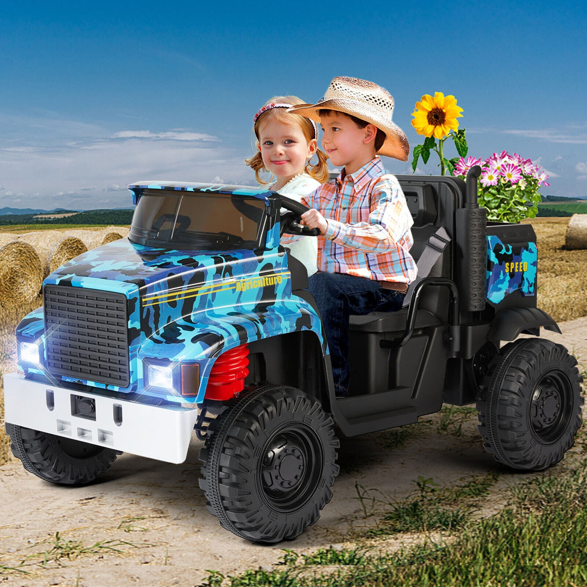 2-Seater 24V Battery Powered Kids Ride-On Truck with Camo Design and 3-Speed RC Control