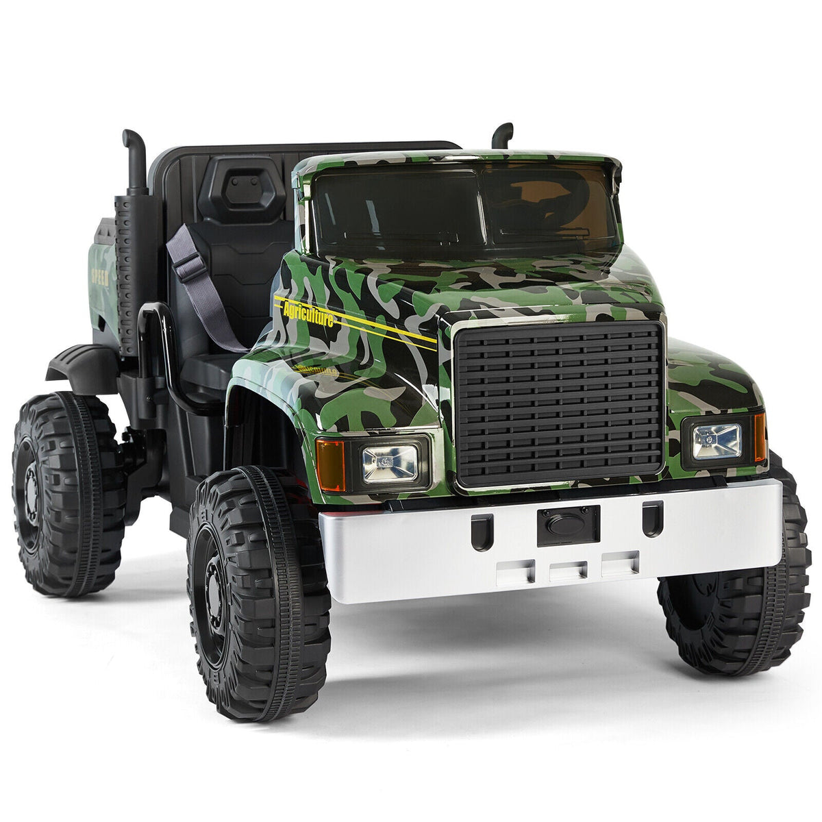 Ride in Style with the 24V Battery-Powered Camo Truck Tractor for Kids, Featuring Bluetooth RC and Trailer