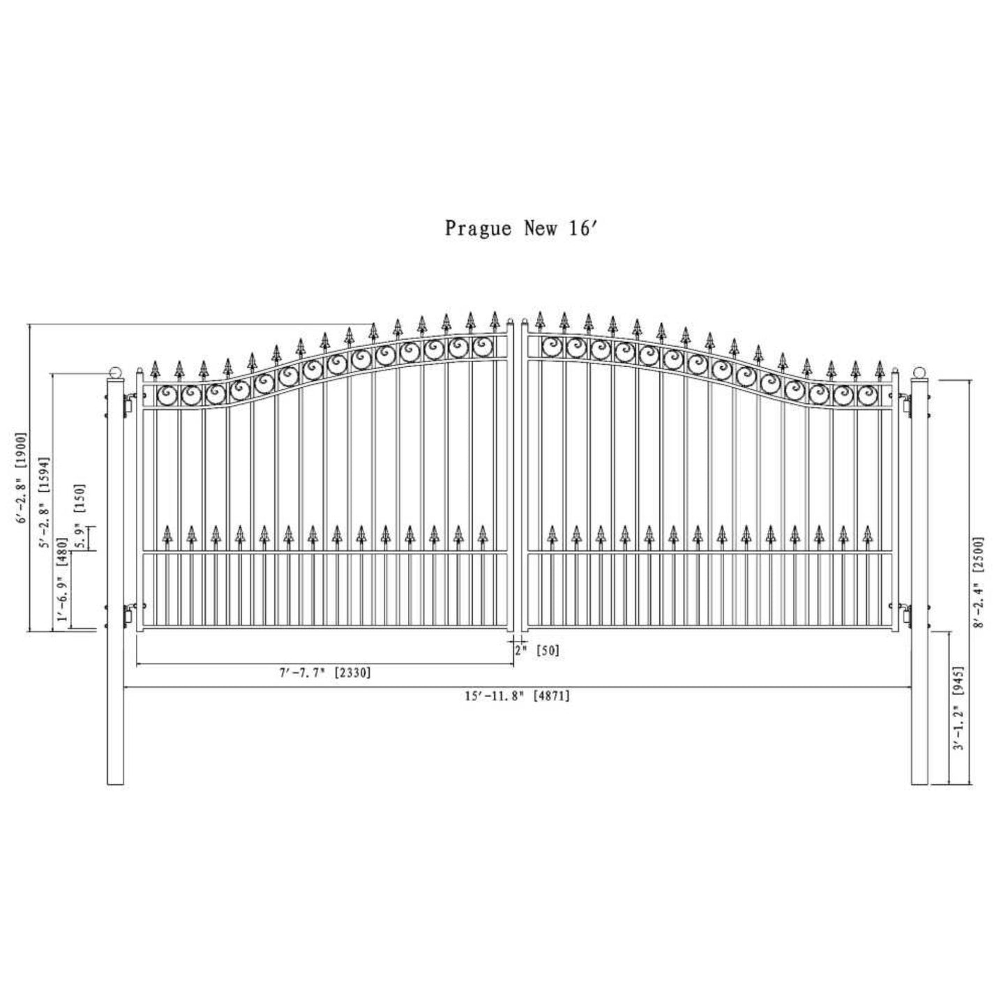 [12-18FT] Heavy-Duty Prague-Style Powder-Coated Galvanized Steel Dual Swing Driveway Gate (SAK48530)
