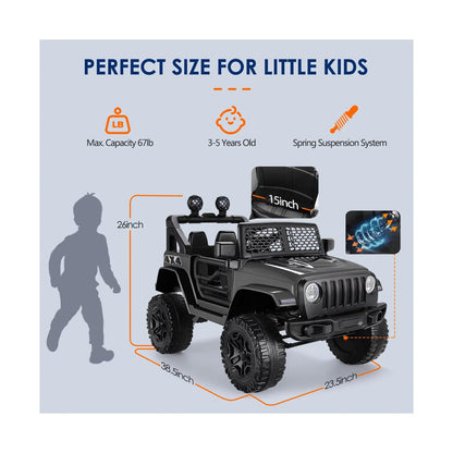 12V Kids Electric Jeep with Remote Control, 3 Speeds, LED Lights, and MP3 Player