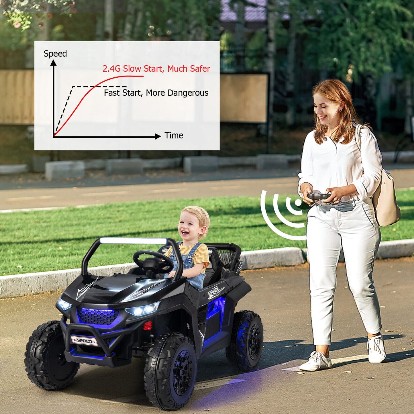Premium 12V Ride-On Truck with Safety Belts and Lockable Doors - Supports up to 130 LBS in Black