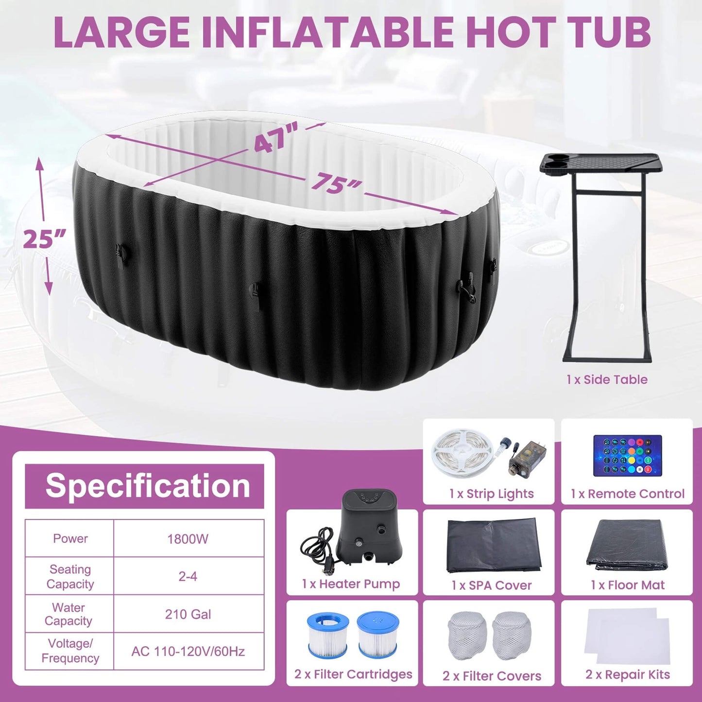 Premium 2-Person Inflatable Hot Tub Kit With 8-Color LED Lights (SAK98431)