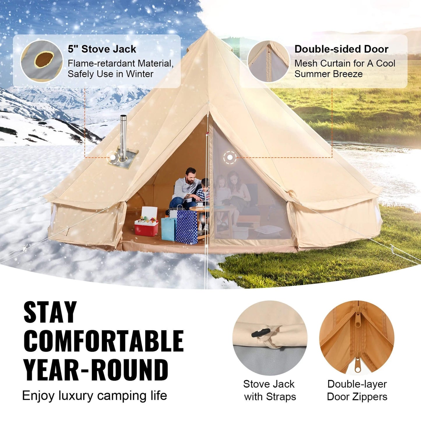 Premium 4-Season Camping Canvas Bell Yurt Tent With Stove Jack (SAK47589)