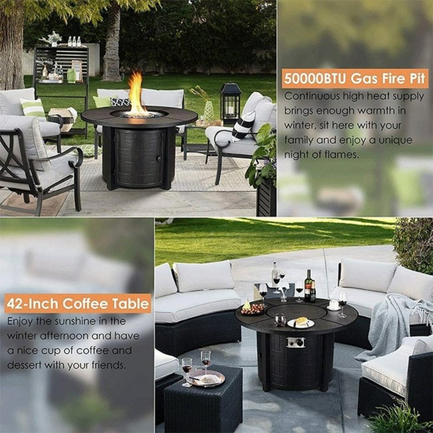 Alora Premium 42-Inch Outdoor 50K BTU Propane Patio Gas Fire Pit Coffee Table W/ Cover (SAK95331)