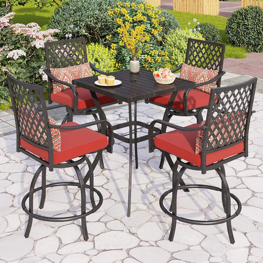 Alora Premium 6-Piece Bar Patio Furniture Set With Umbrella, Swivel Chairs, And Cushions (SAK90375)
