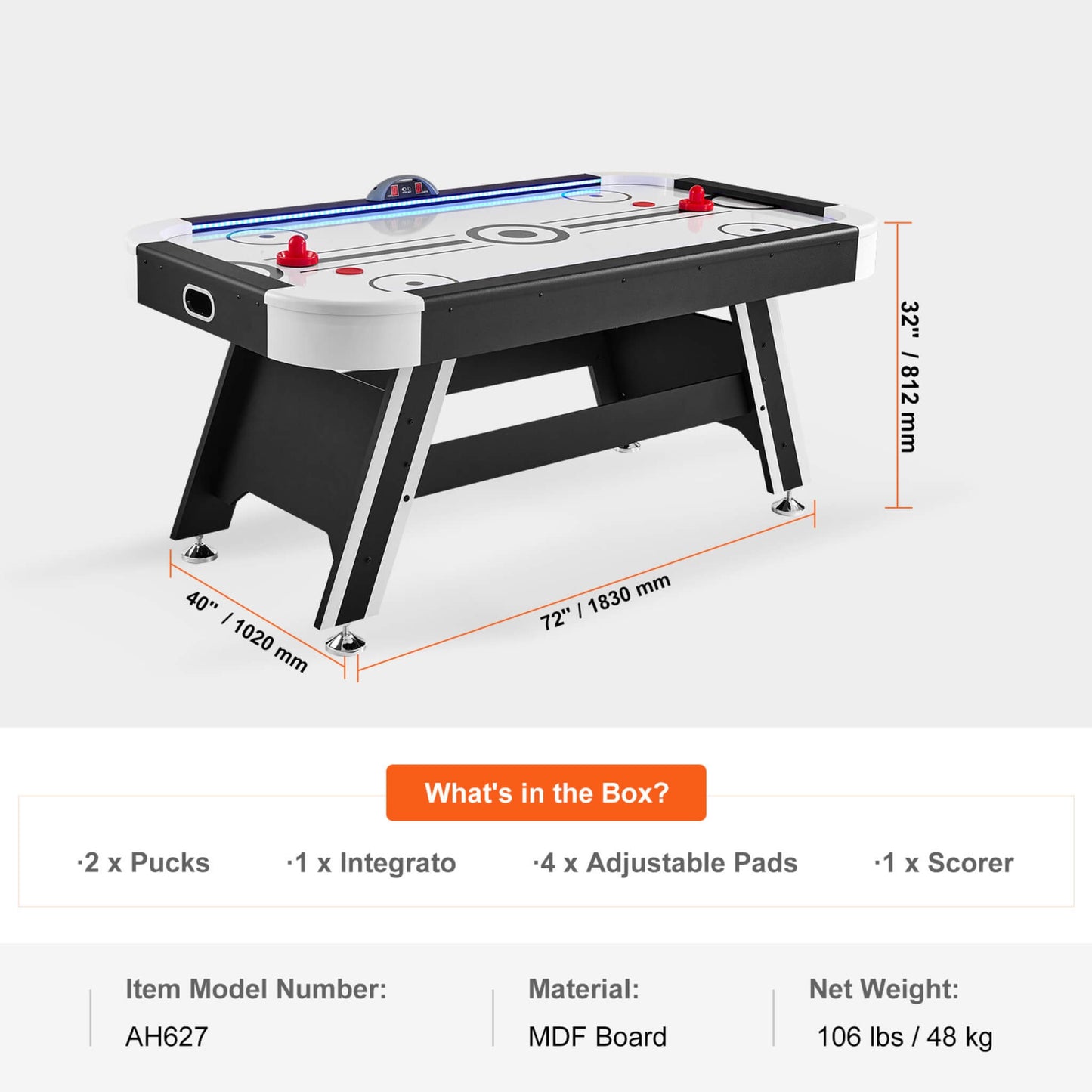 Premium 72-Inch Air Hockey Table With LED Electronic Scorer (SAK82049)