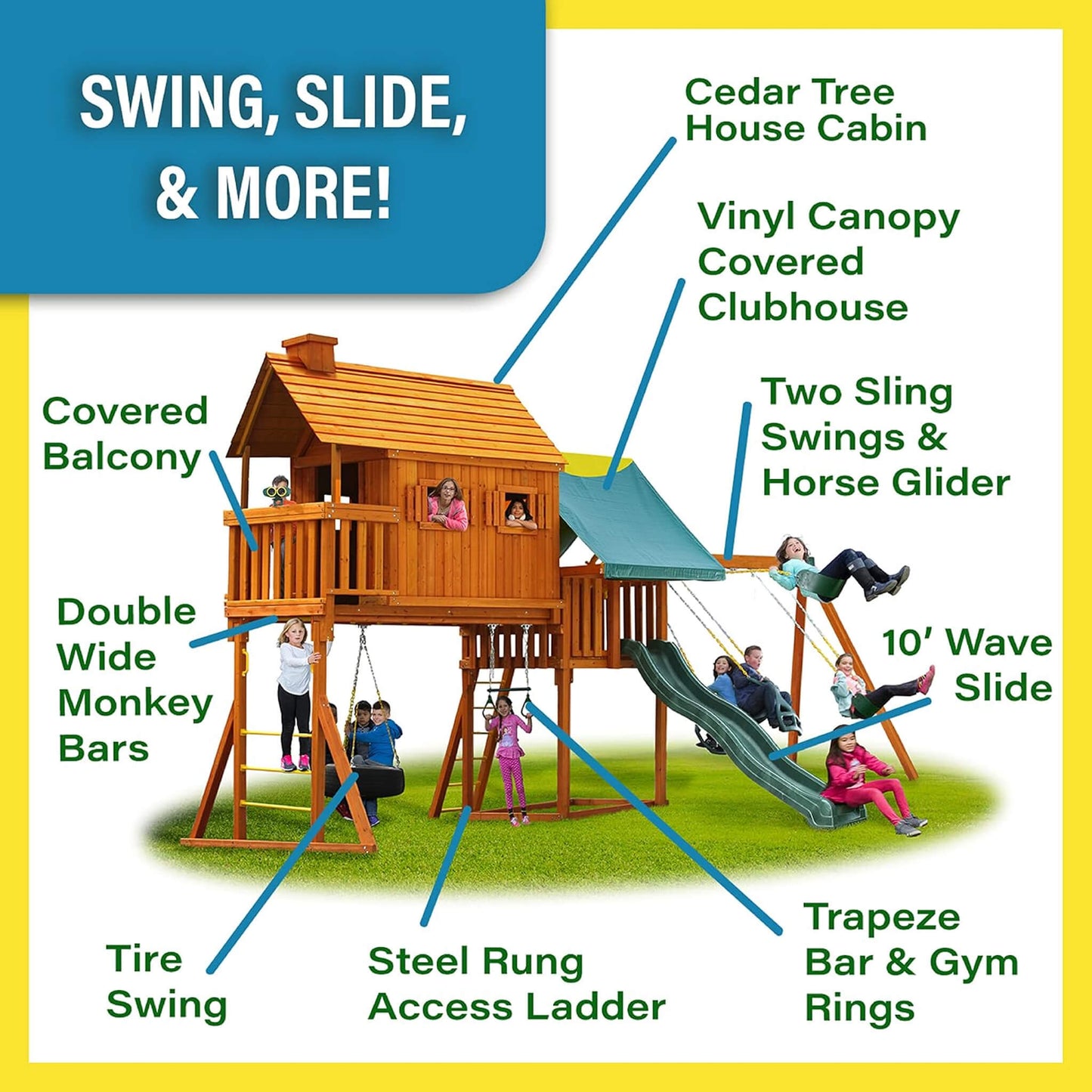 Premium Cedar Wood Tree House Swing Set With Built-In Covered Porch, Chimney, Monkey Bars And Slide (SAK18427)