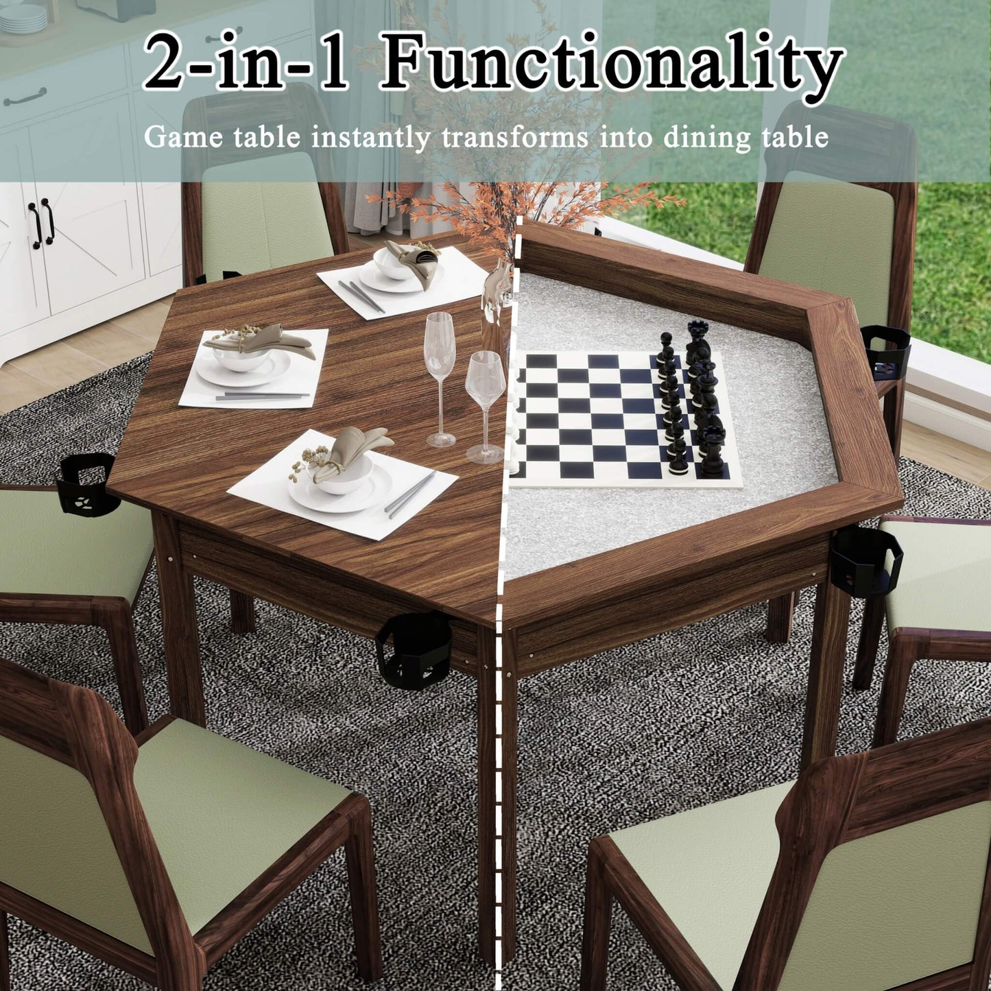Premium 6-Person Hexagonal Game And Dining Table With Top, Mat And Cup Holders (SAK67845)