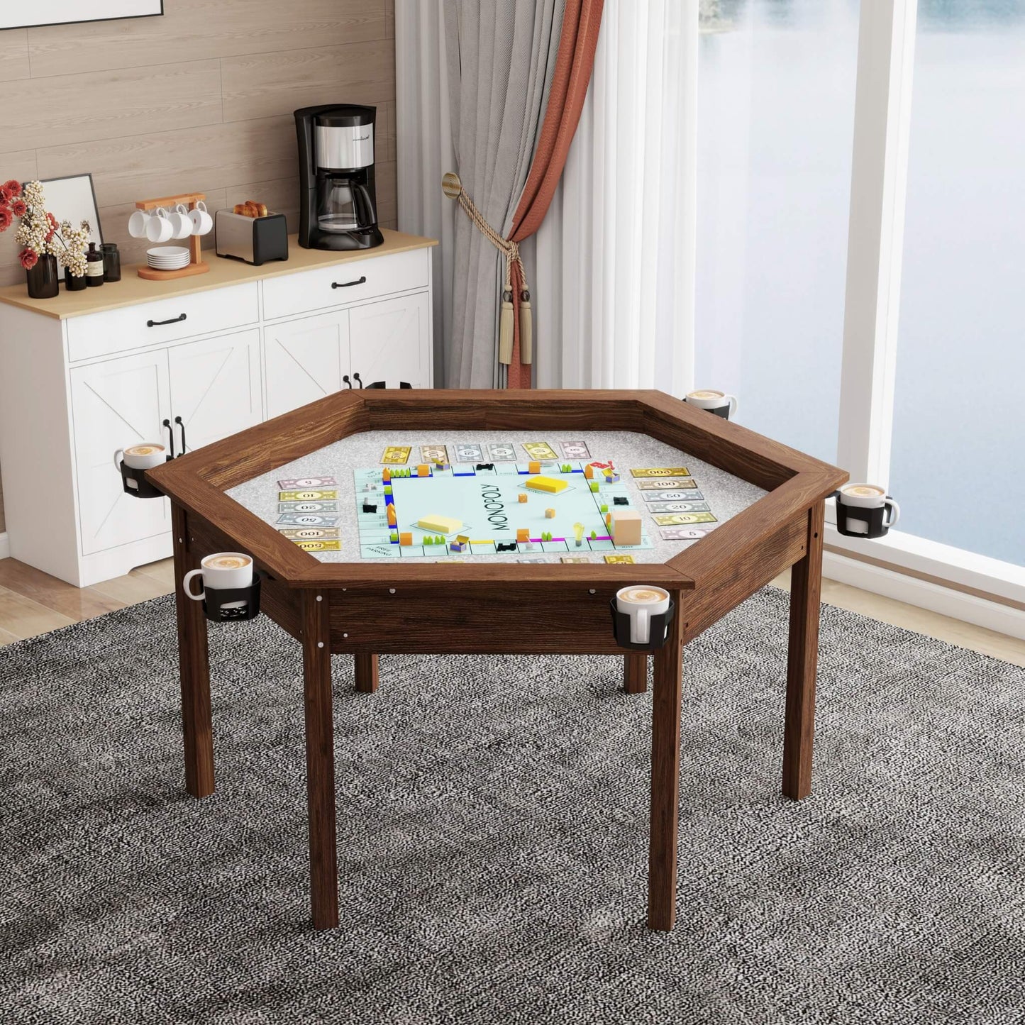 Premium 6-Person Hexagonal Game And Dining Table With Top, Mat And Cup Holders (SAK67845)
