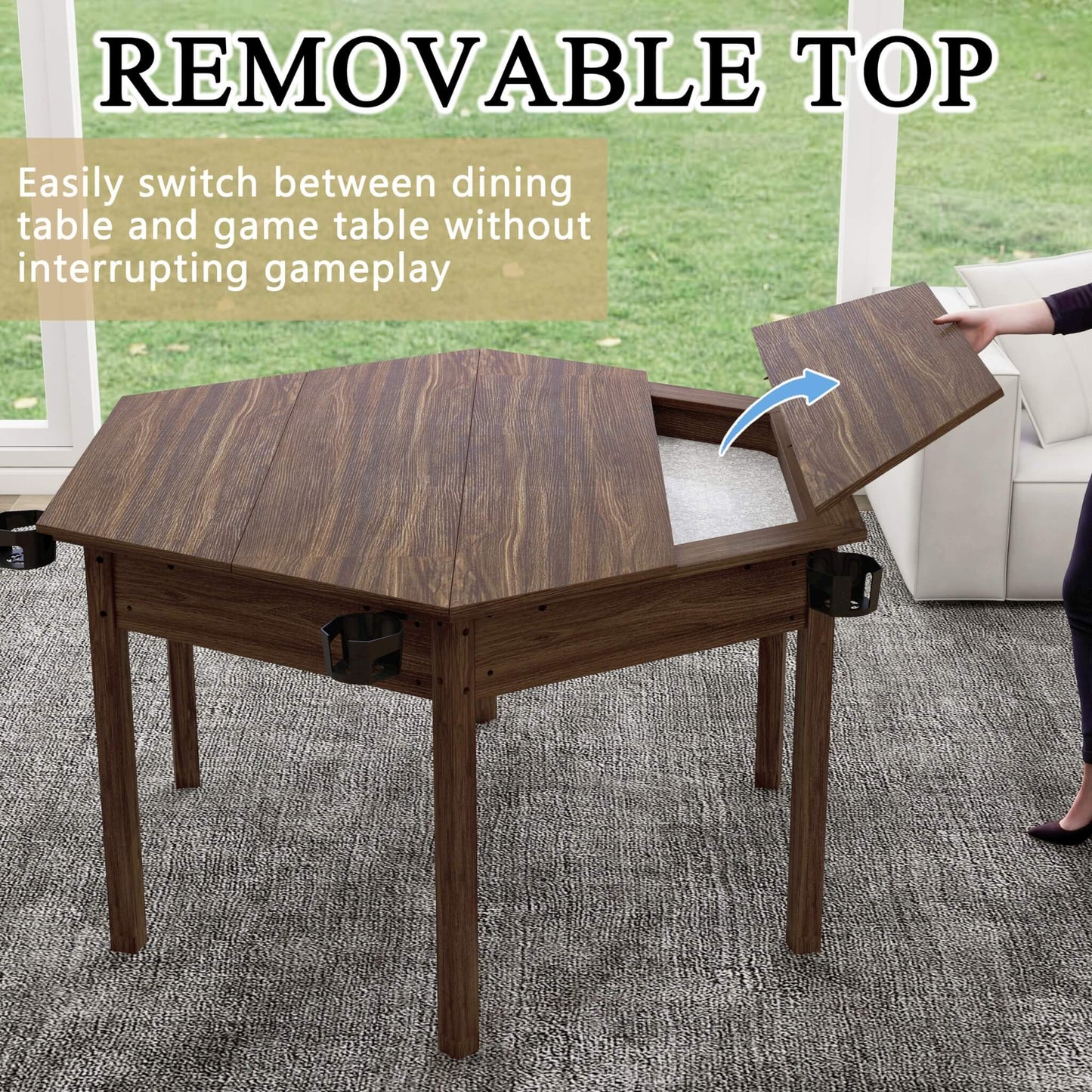Premium 6-Person Hexagonal Game And Dining Table With Top, Mat And Cup Holders (SAK67845)