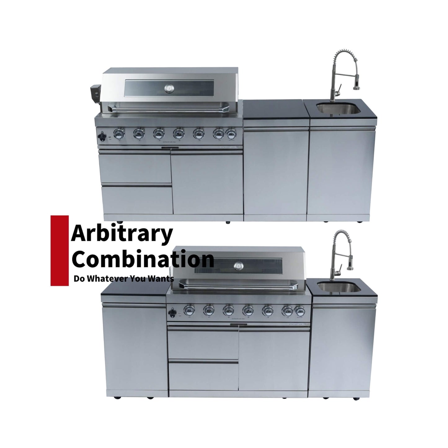 Castelle Flame Valmont 43-Inch 6-Burner 85K BTU Outdoor BBQ Kitchen Grill Island With Granite Countertops, Rotisserie Kit, Cabinets, And Sink (SAK73518)