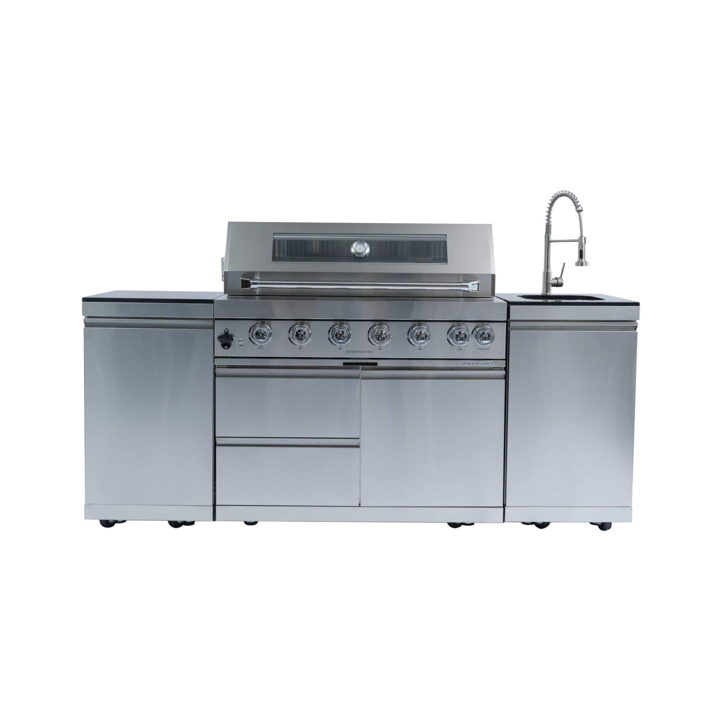 Castelle Flame Tuscany Outdoor BBQ Liquid Propane Kitchen Grill Island With 43-Inch 6-Burner 85K BTU Propane Gas Grill, Rotisserie Kit, And Storage Cabinets (SAK95623)