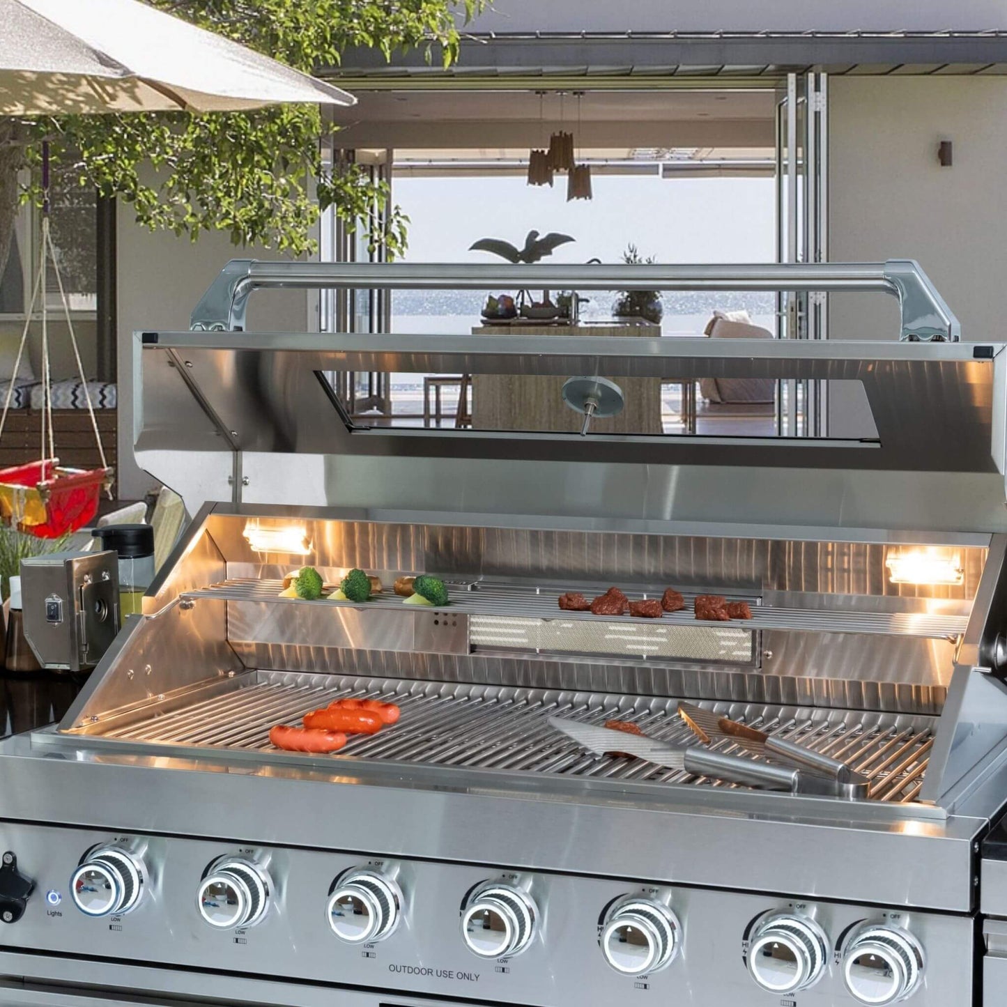 Castelle Flame Tuscany Outdoor BBQ Liquid Propane Kitchen Grill Island With 43-Inch 6-Burner 85K BTU Propane Gas Grill, Rotisserie Kit, And Storage Cabinets (SAK95623)