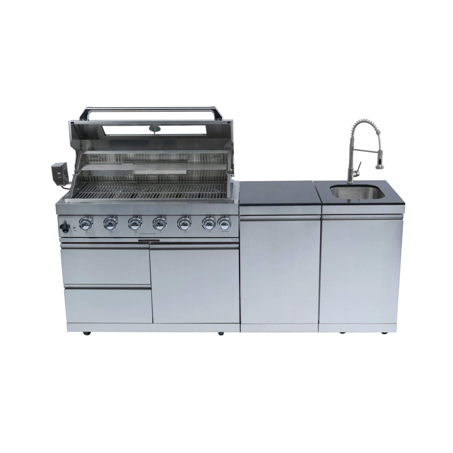 Castelle Flame Tuscany Outdoor BBQ Liquid Propane Kitchen Grill Island With 43-Inch 6-Burner 85K BTU Propane Gas Grill, Rotisserie Kit, And Storage Cabinets (SAK95623)