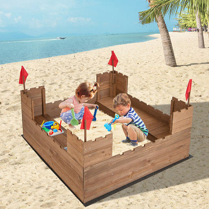 Premium Wooden Sandbox for Kids with Protective Liner and Fun Red Flags