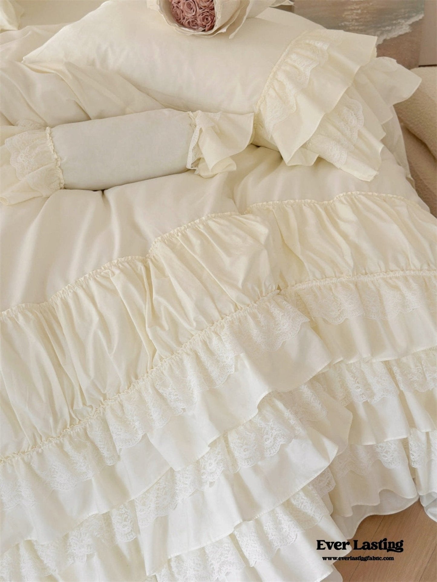 Princess Ruffle Lace Washed Cotton Bedding Set / Pink