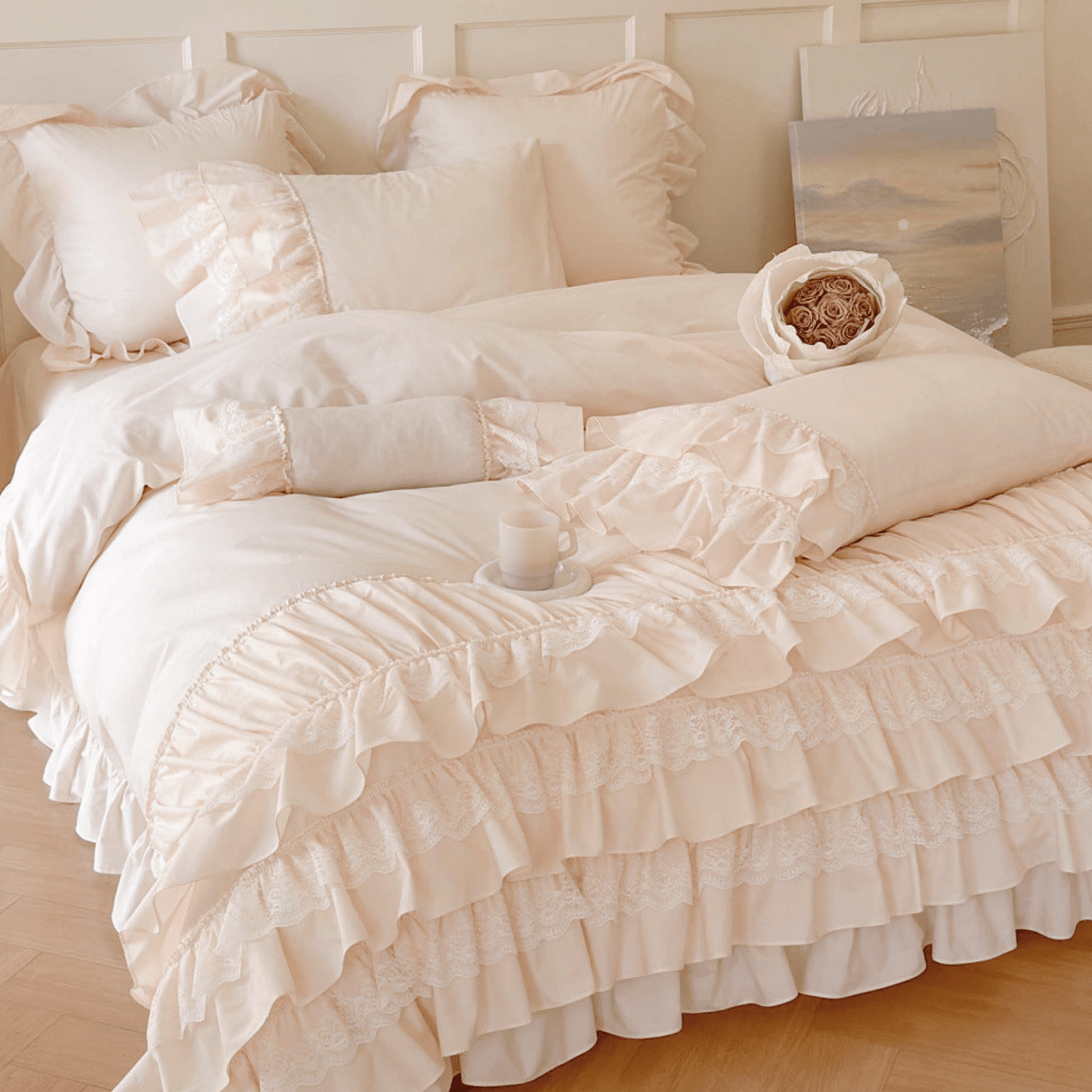 Princess Ruffle Lace Washed Cotton Bedding Set / Pink