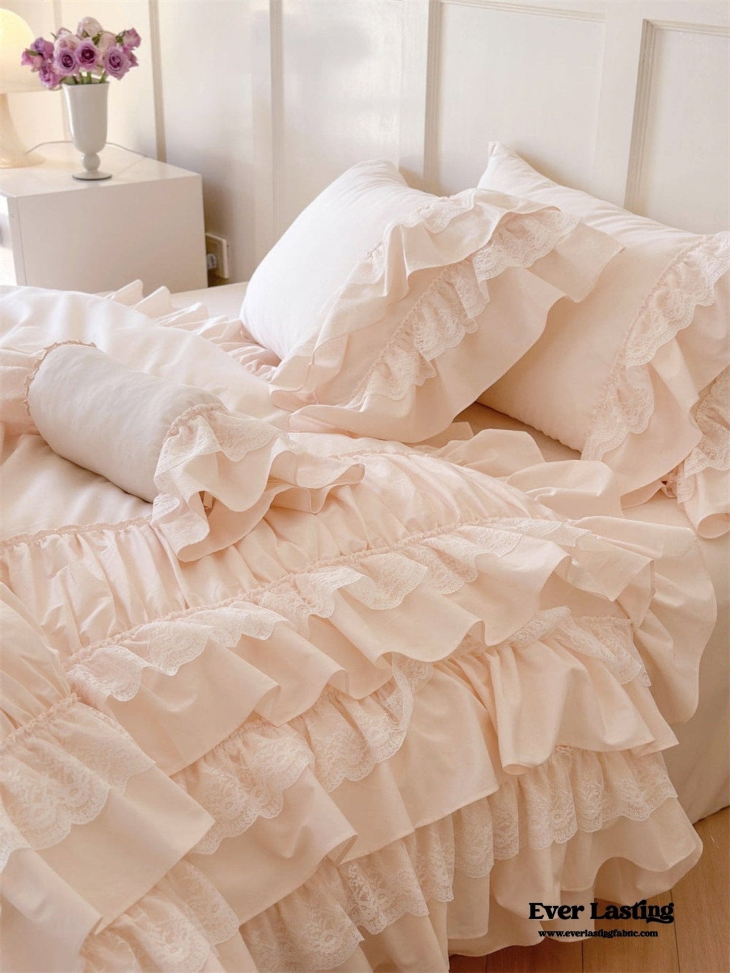 Princess Ruffle Lace Washed Cotton Bedding Set / Pink