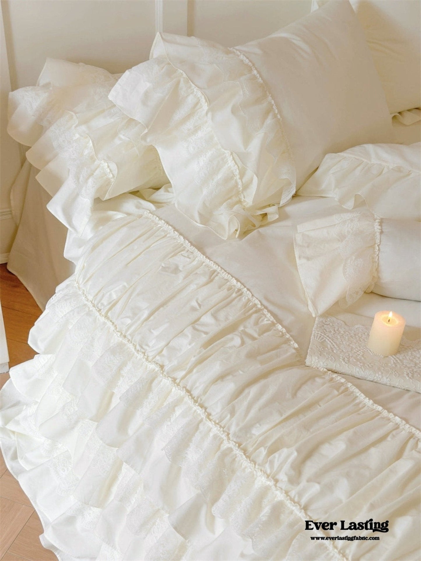 Princess Ruffle Lace Washed Cotton Bedding Set / Pink