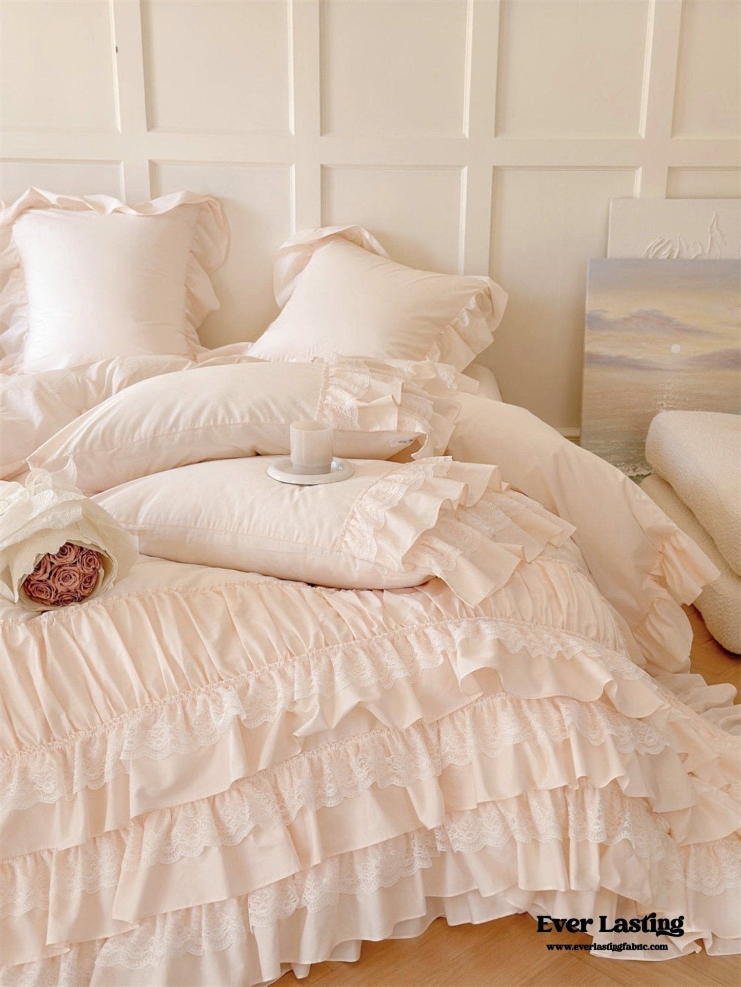 Princess Ruffle Lace Washed Cotton Bedding Set / Pink