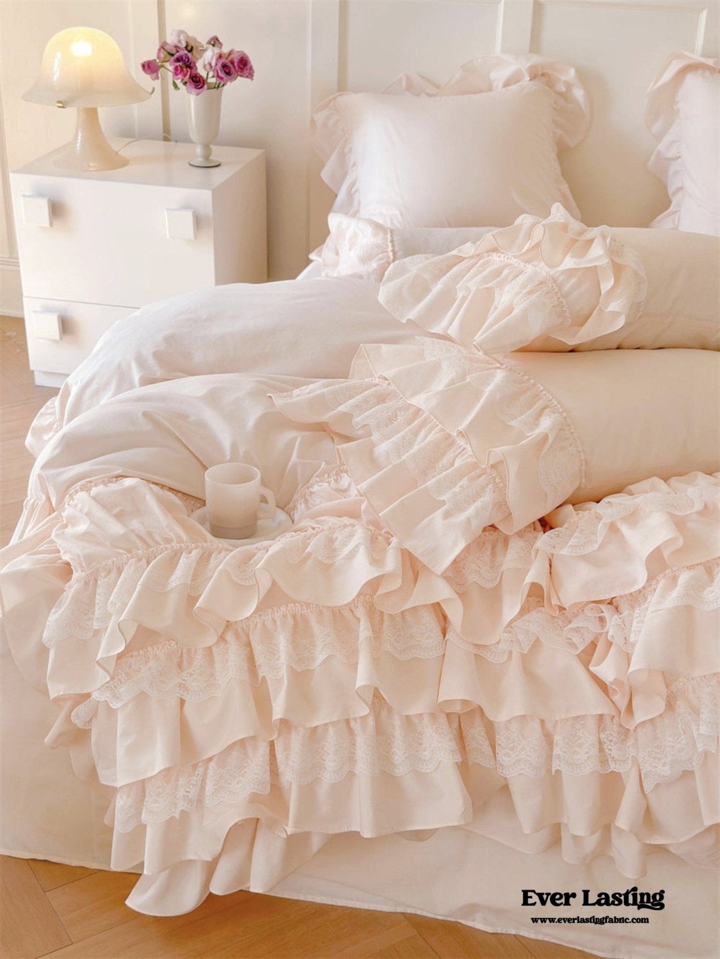 Princess Ruffle Lace Washed Cotton Bedding Set / Pink