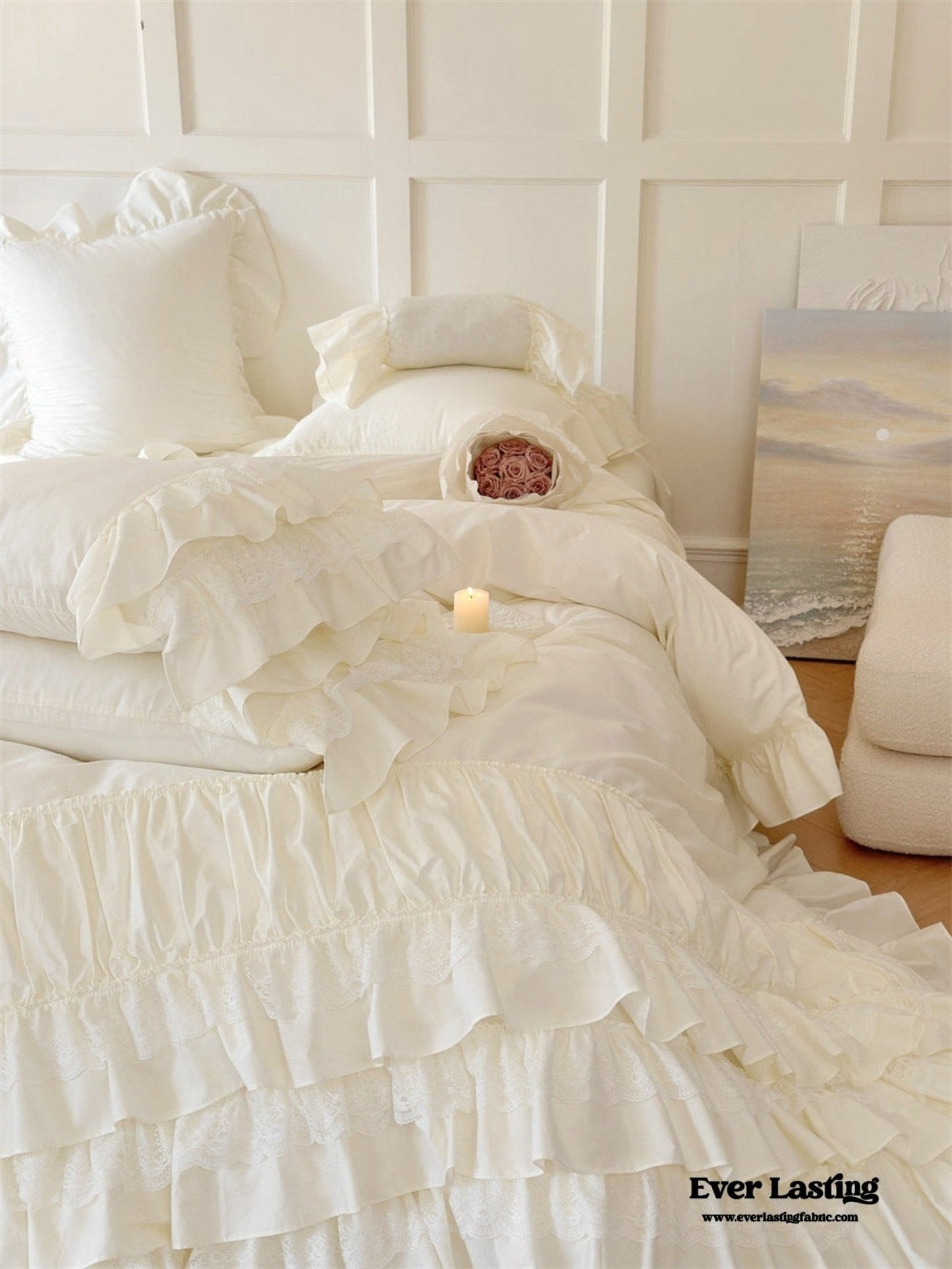 Princess Ruffle Lace Washed Cotton Bedding Set / Pink