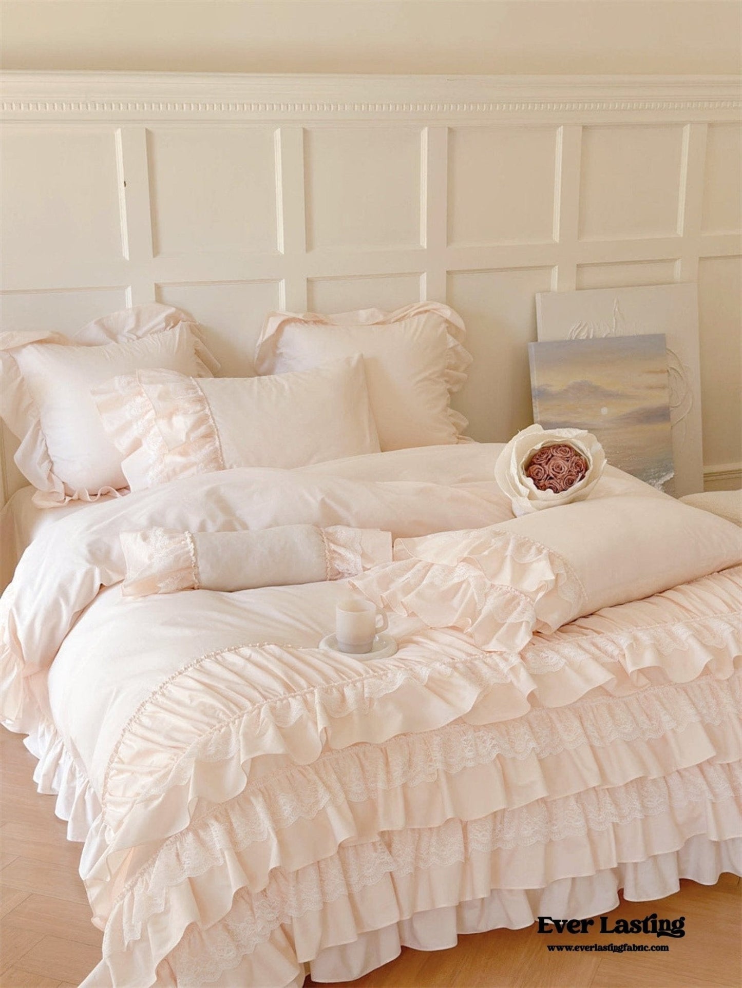 Princess Ruffle Lace Washed Cotton Bedding Set / Pink