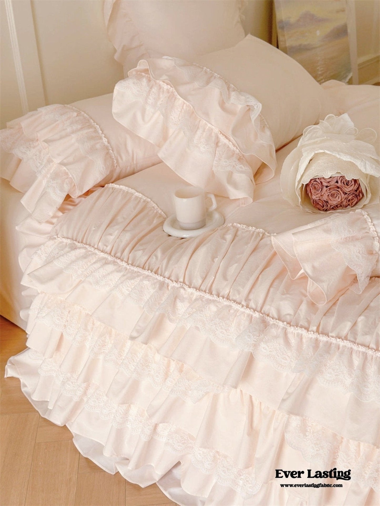 Princess Ruffle Lace Washed Cotton Bedding Set / Pink