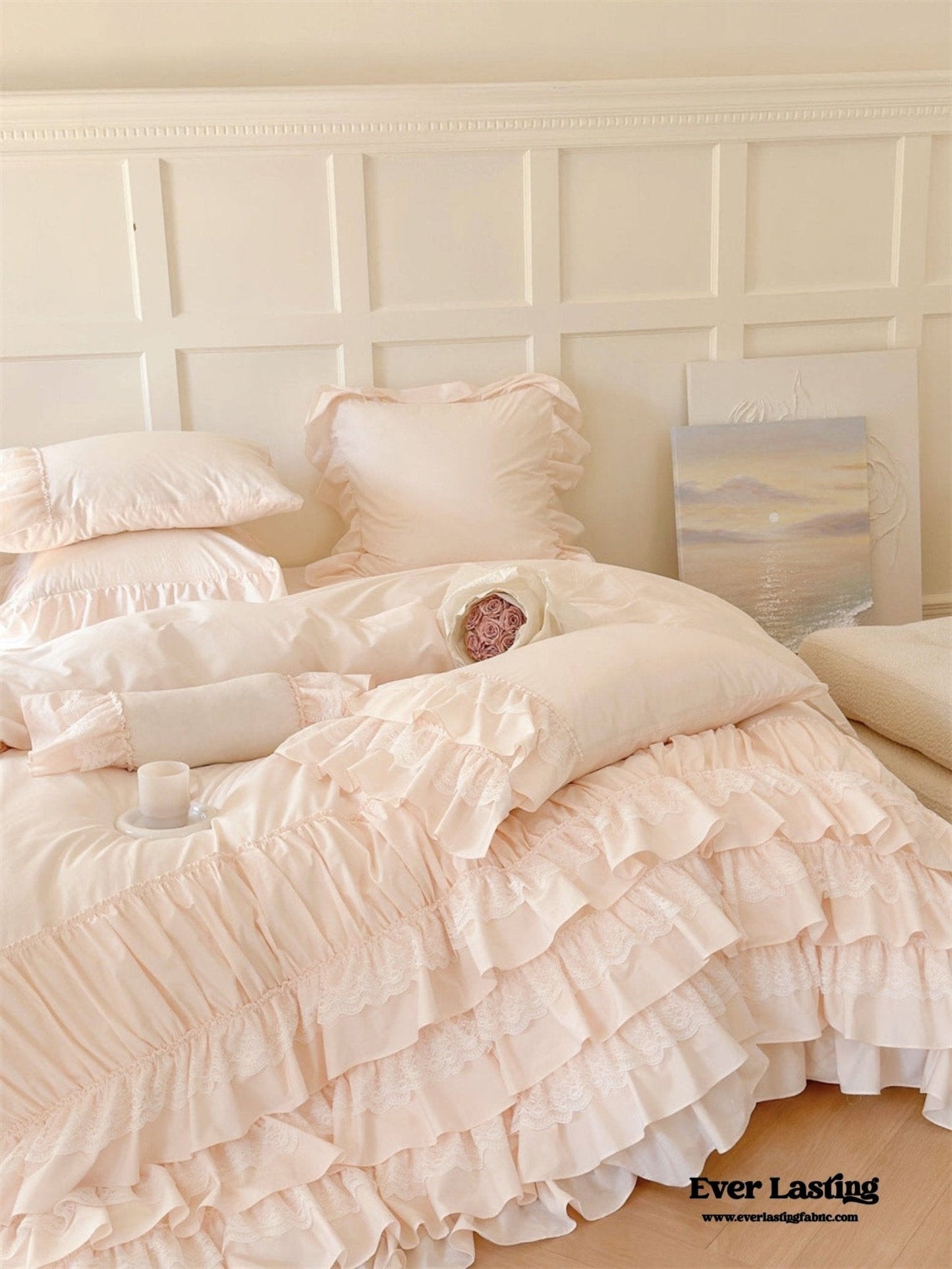 Princess Ruffle Lace Washed Cotton Bedding Set / Pink