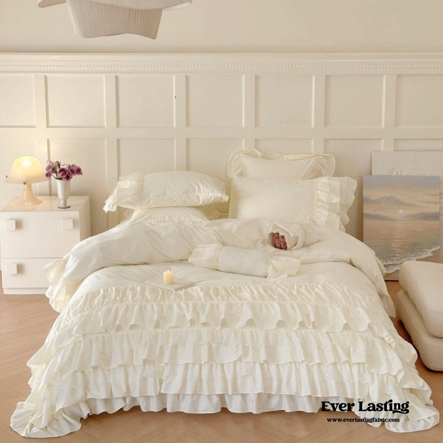 Princess Ruffle Lace Washed Cotton Bedding Set / Pink