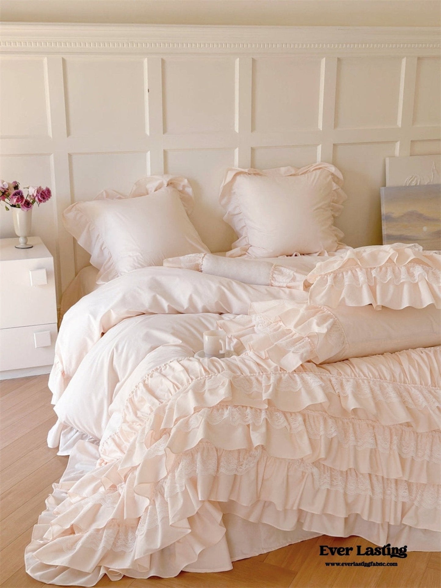 Princess Ruffle Lace Washed Cotton Bedding Set / Pink