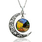 Van Gogh Starry Night Necklace Glass Cabochon Crescent Moon Clavicle Necklace Silver Plated Jewelry