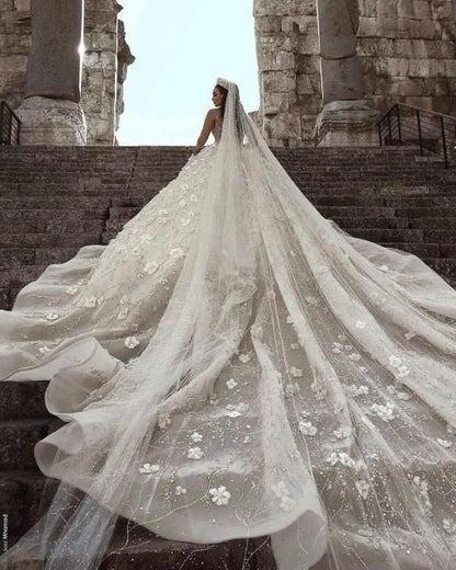 Luxury Bead Lace Wedding Gown with 3D Floral Design