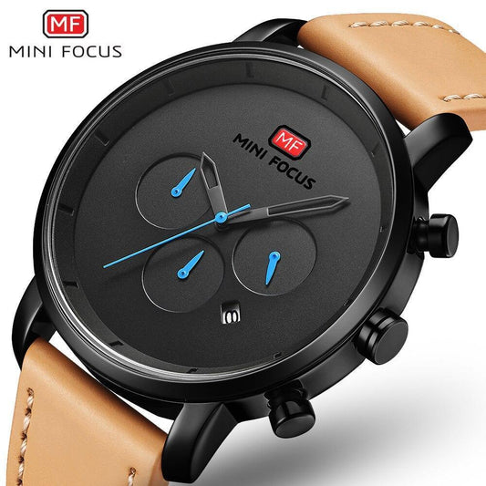 Fashion Multifunctional Mens Watches Sport Quartz Round Analog Watches Modern Leather Strap Design