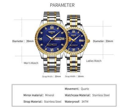 Business Black Couple Watches Top Luxury Mens Watches Auto Date Quartz Wristwatch Gold Watch Men Diamond Stainless Steel Waterproof Luminous Business Casual Luxury Watch For Men