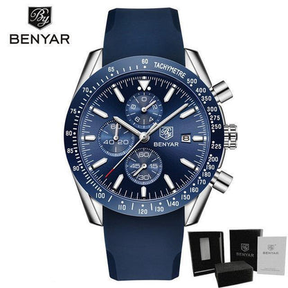 New Men Silver Blue Watch Business Analog Chronogragh Full Steel Luxury Casual Male Waterproof Sports Design Watches