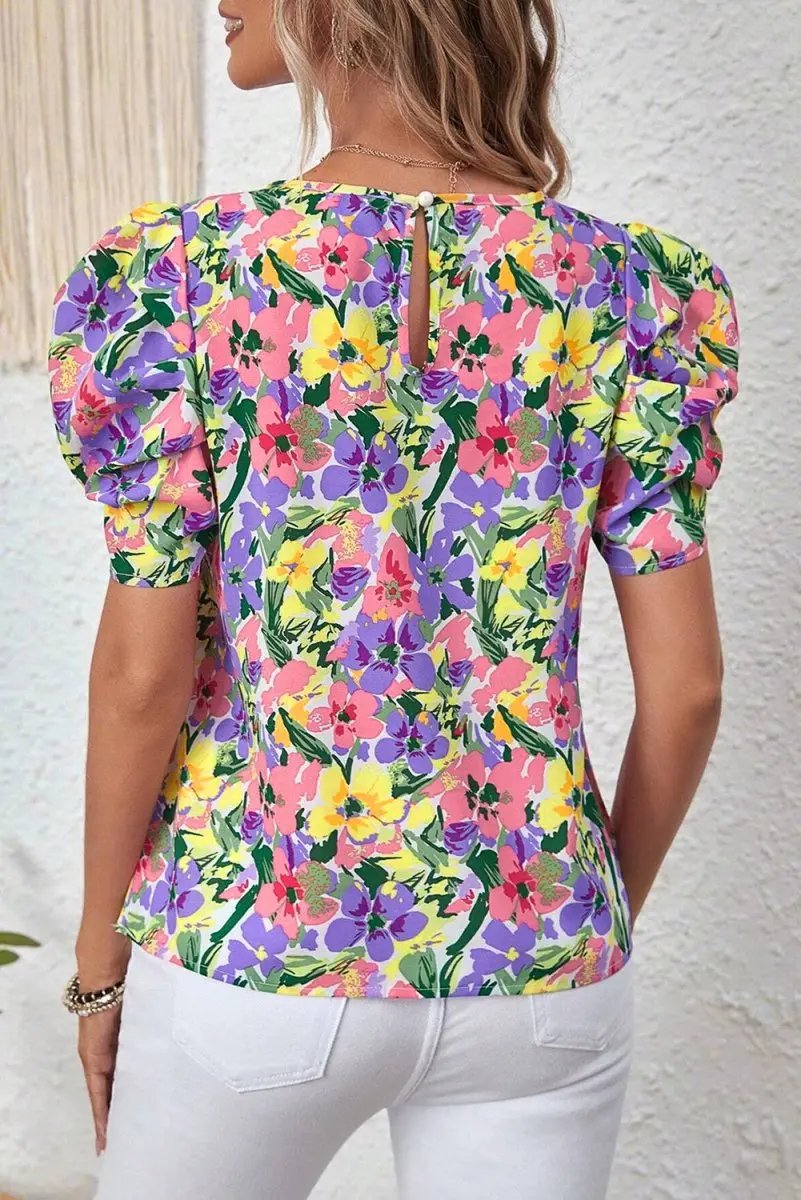 Women's Blouse Women's Purple Floral Blouse - Puff Sleeve - Southern Belle Style