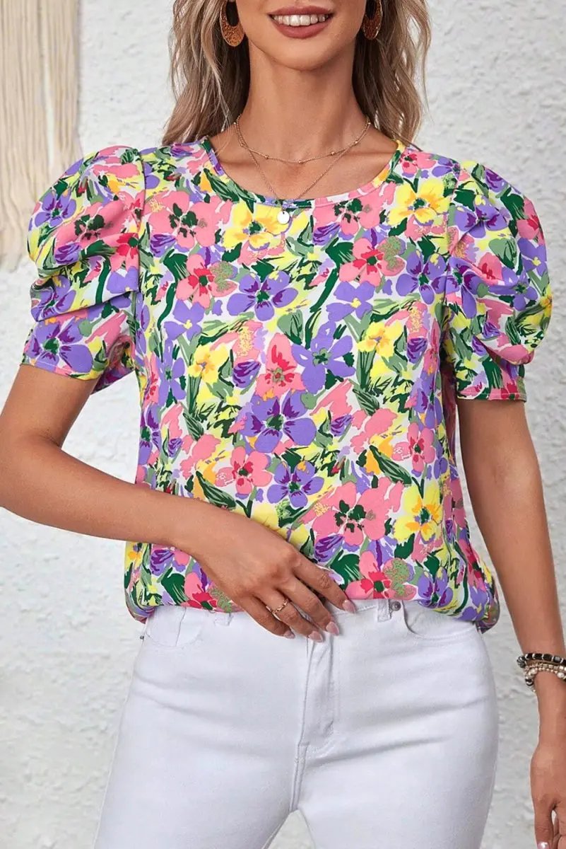 Women's Blouse Women's Purple Floral Blouse - Puff Sleeve - Southern Belle Style