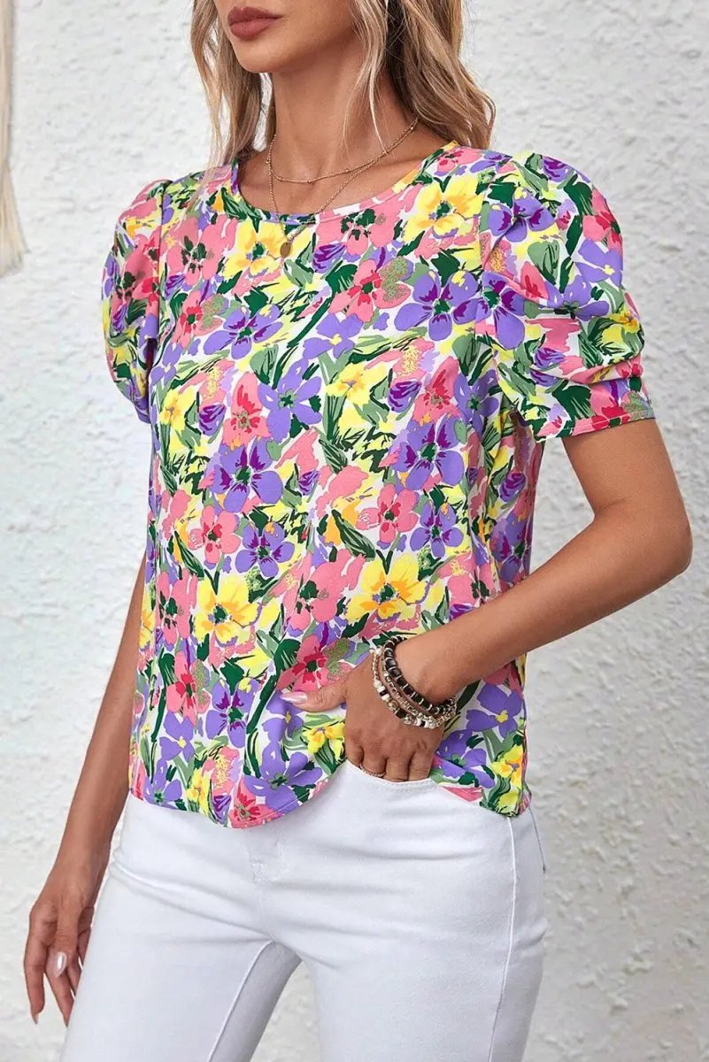 Women's Blouse Women's Purple Floral Blouse - Puff Sleeve - Southern Belle Style
