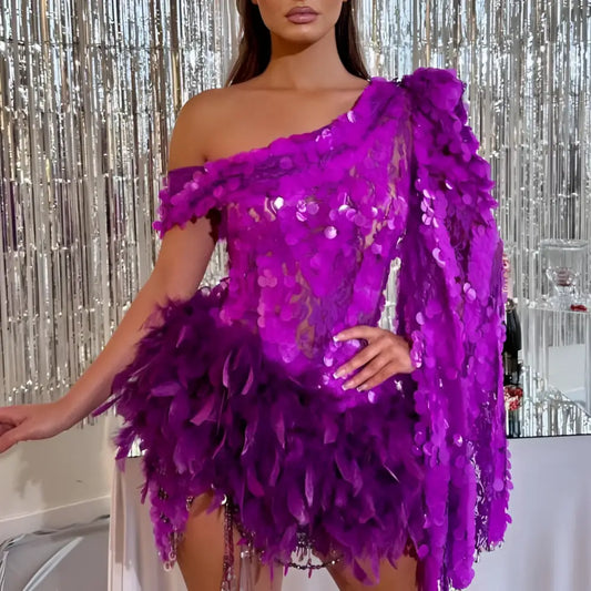 Purple Sequined Feather Sleeve Short Dress