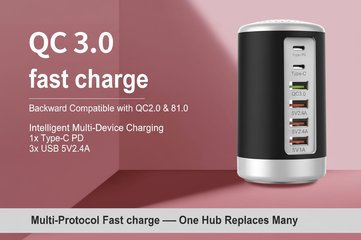 6-Port Cylindrical Fast Charger Hub | 65W USB-C PD & QC3.0 Multi-Device Desktop Charging Station – White
