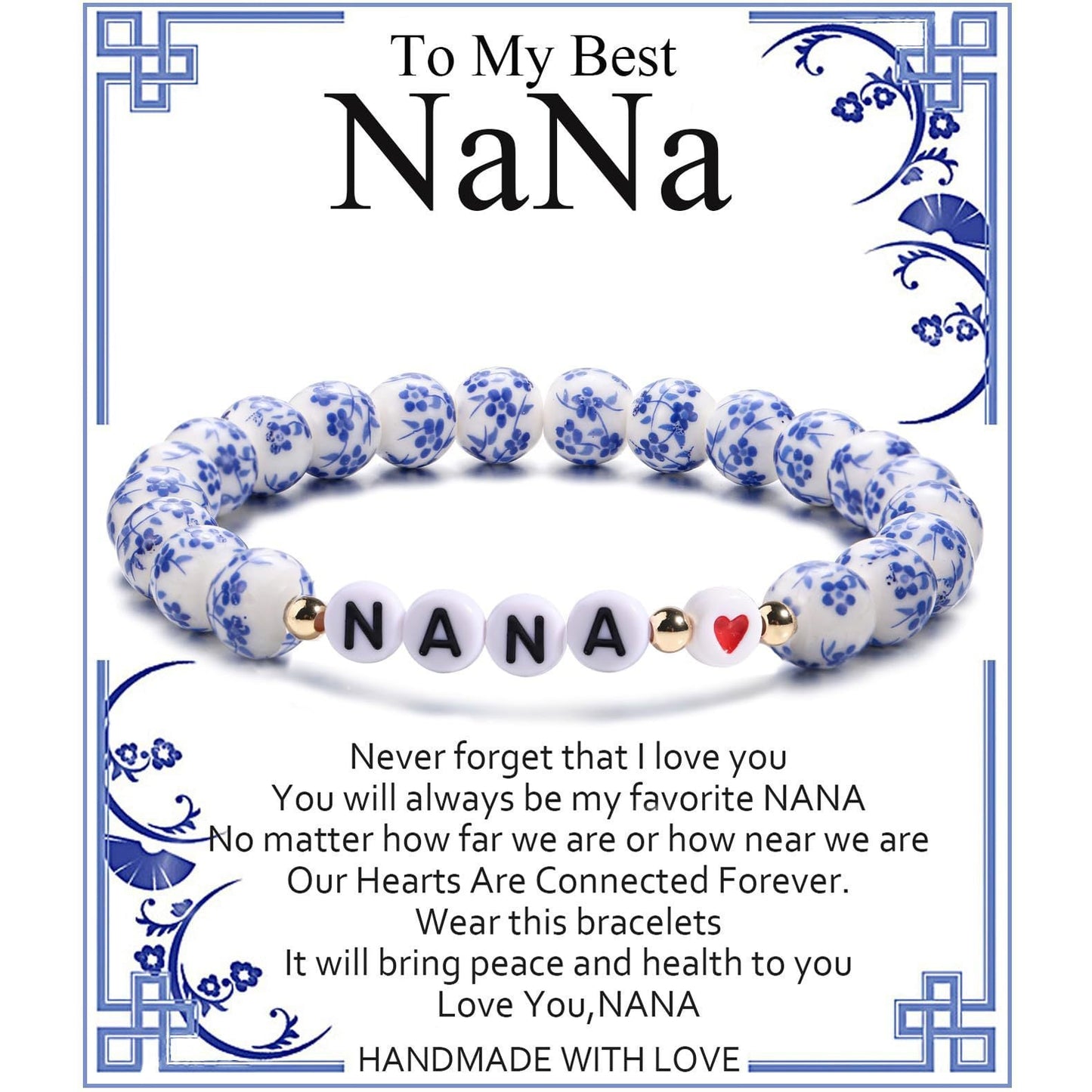 Blue and White Porcelain MAMA Beaded Bracelet