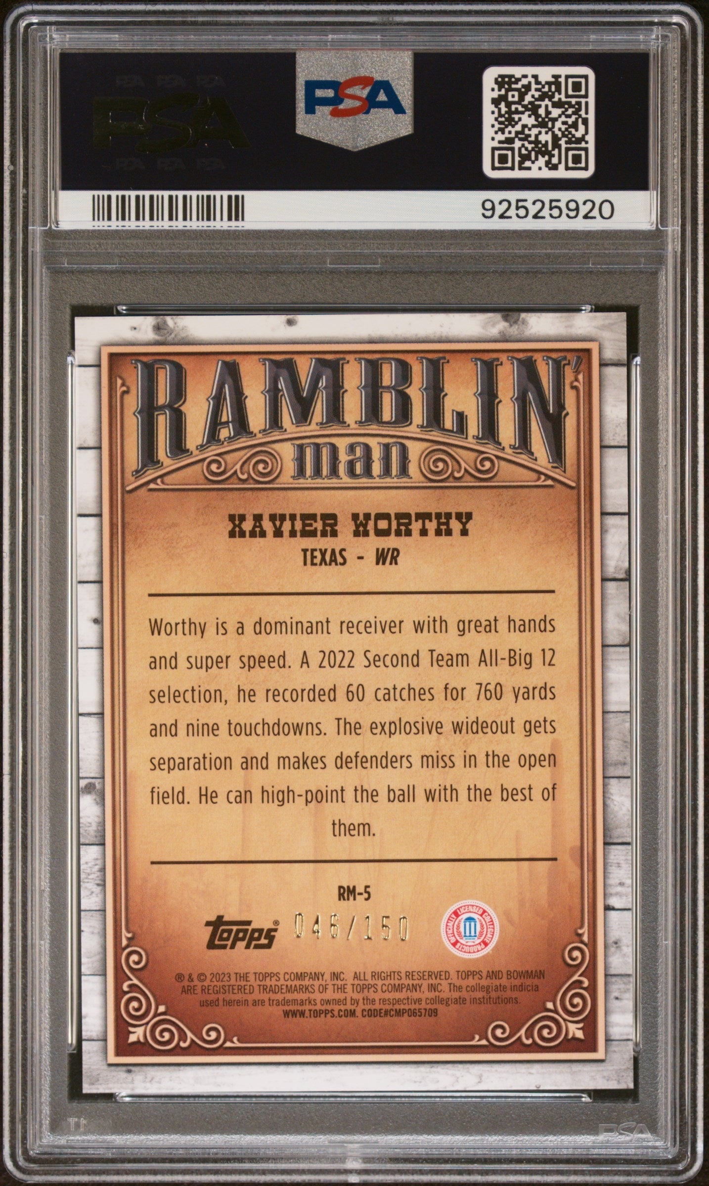Graded 2023 Topps Bowman University Xavier Worthy #RM5 Ramblin Man Aqua #/150 Rookie RC Football Card PSA 10 Gem Mint