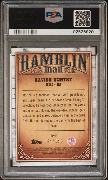 Graded 2023 Topps Bowman University Xavier Worthy #RM5 Ramblin Man Aqua #/150 Rookie RC Football Card PSA 10 Gem Mint