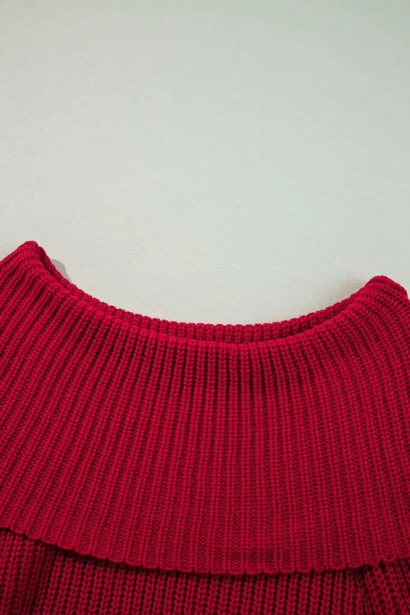 Sweaters Love Salve Racing Red Knit Sweater Women's Off-Shoulder Trendy Knitwear
