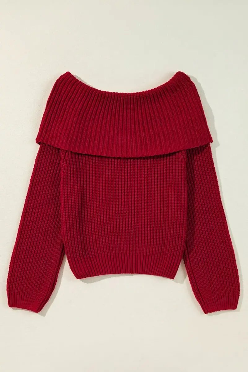 Sweaters Love Salve Racing Red Knit Sweater Women's Off-Shoulder Trendy Knitwear
